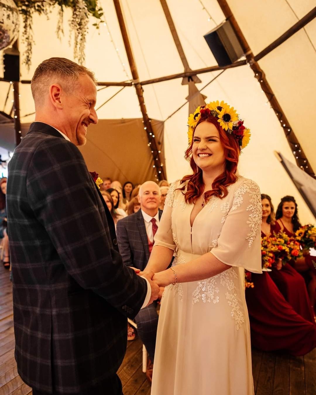 tipi wedding boho bride with sunflowers