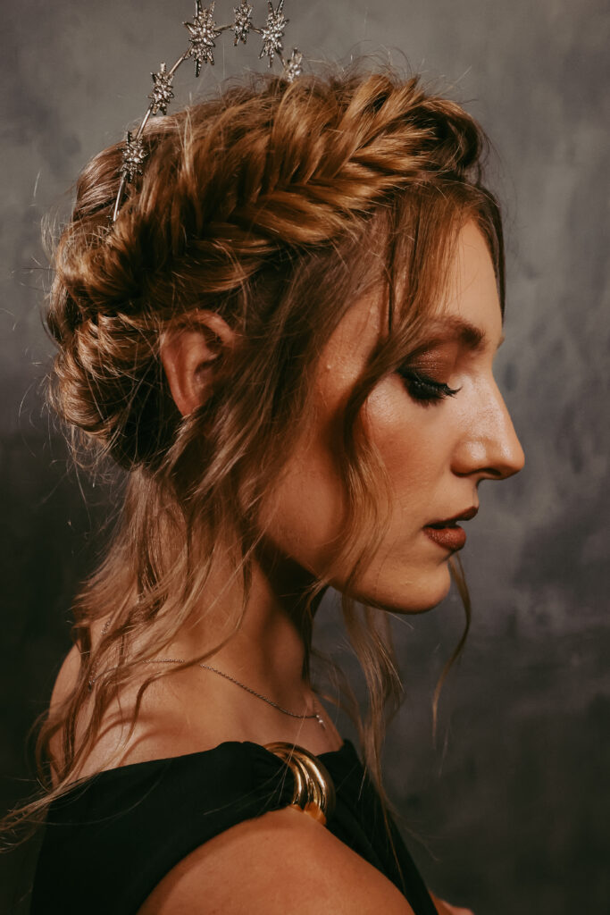 grunge alternative makeup and fishtail halo braid